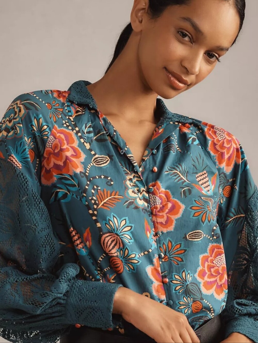Farm Rio Anthropologie Floral Long Sleeve Button Down Lace Peasant Blouse Size M